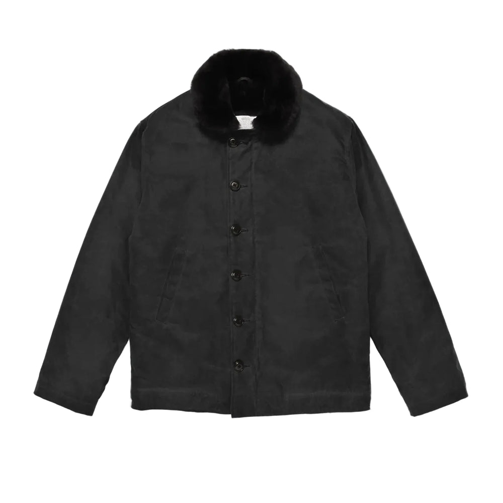 Dehen 1920 N-1 Deck Jacket in black 10.10oz waxed canvas with genuine black mouton lining, front view