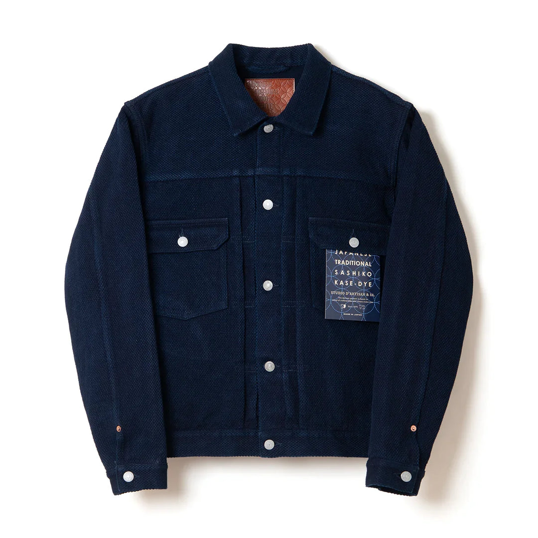 Studio D'Artisan 14oz kase zome indigo selvedge sashiko Type II jacket, front view