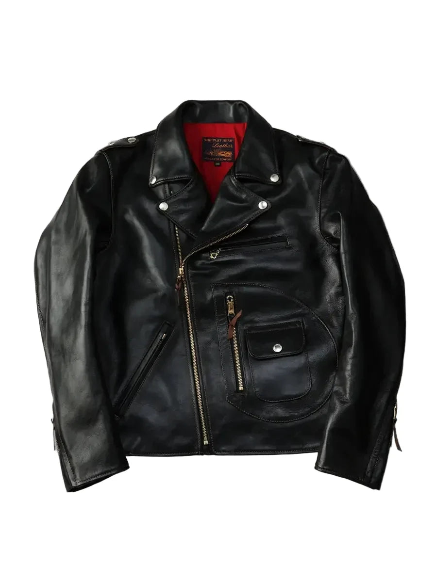 The Flat Head FN-LJ-HW004 black horsehide double rider's jacket, front view