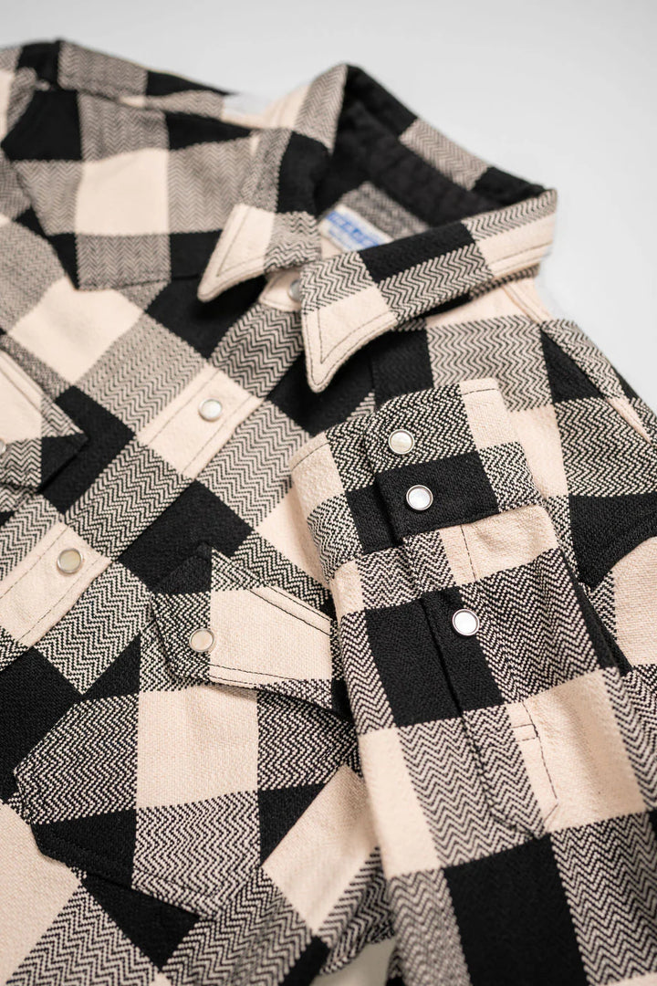 The Flat Head Block Check Western Flannel Shirt - Ivory/Black [FN-SNW-101L]