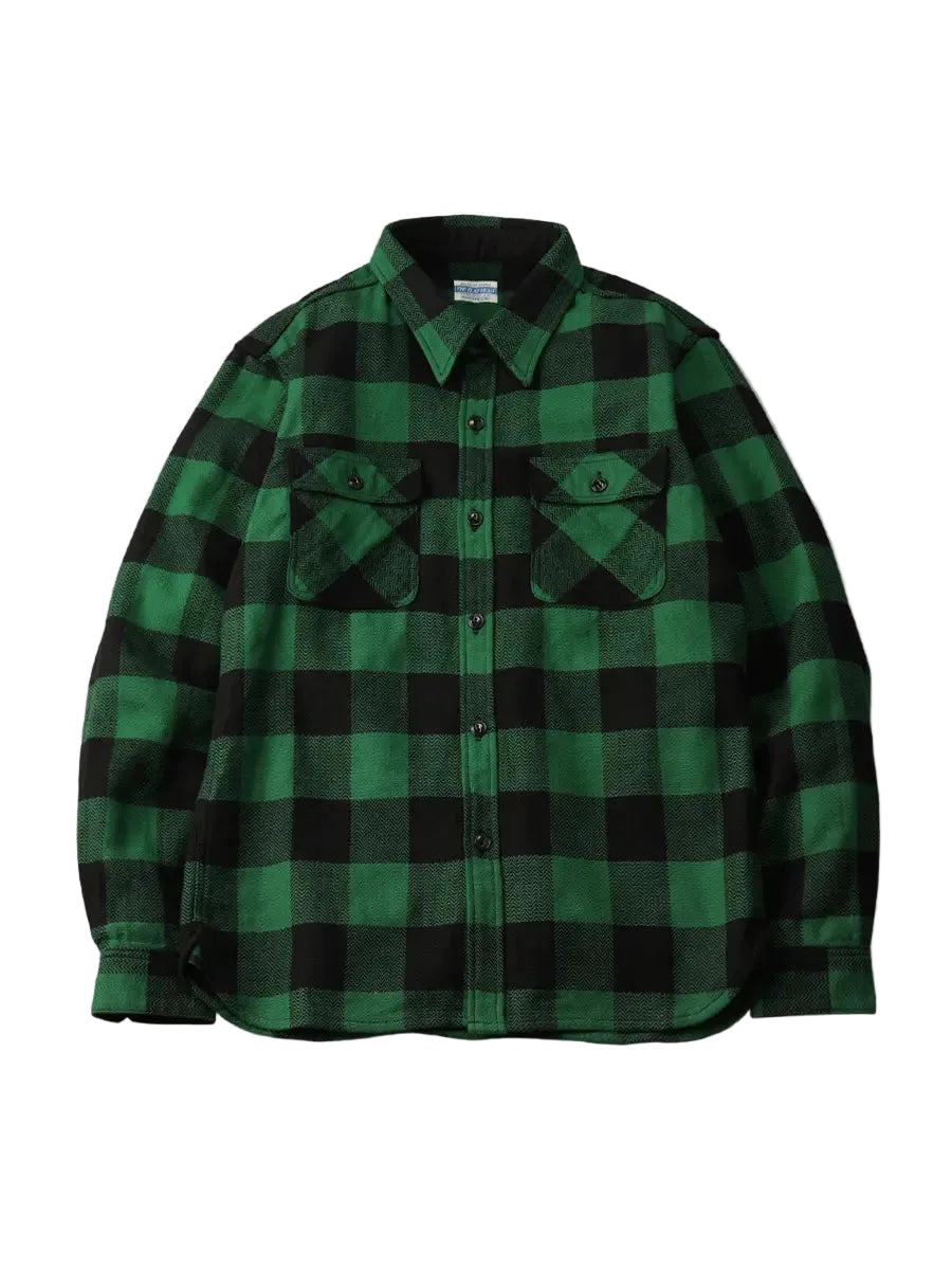 The Flat Head - Block Check Flannel Work Shirt Green/Black [FN-SNR-101L]