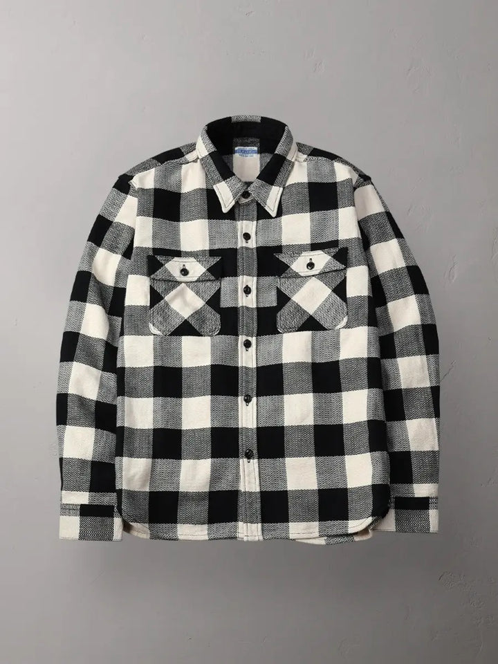 The Flat Head Block Check Flannel Shirt - Ivory/Black [FN-SNR-101L]