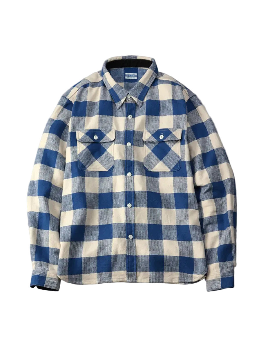 The Flat Head - Block Check Flannel Work Shirt White/Blue [FN-SNR-101L] COMING SOON*