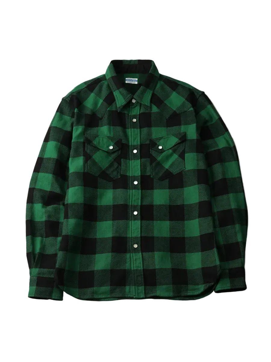 The Flat Head - Block Check Western Flannel Shirt Green/Black [FN-SNW-101L]