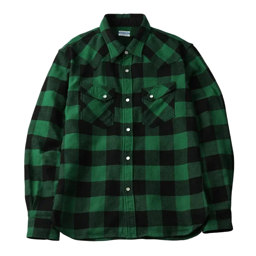 The Flat Head - Block Check Western Flannel Shirt Green/Black [FN-SNW-101L]