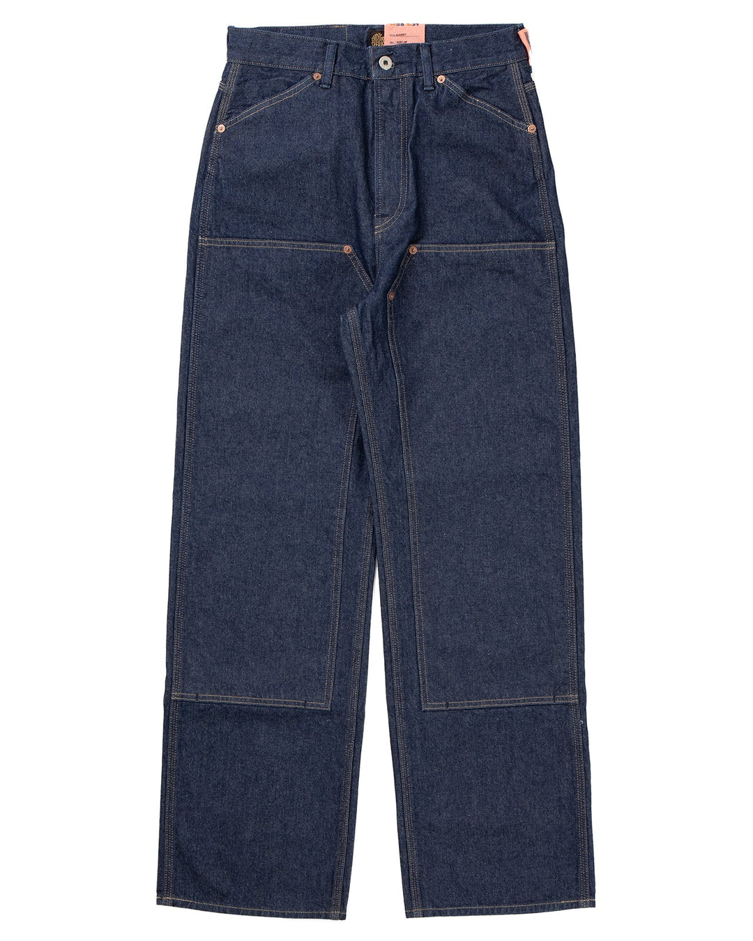 Front of workwear-inspired straight leg dark blue jeans