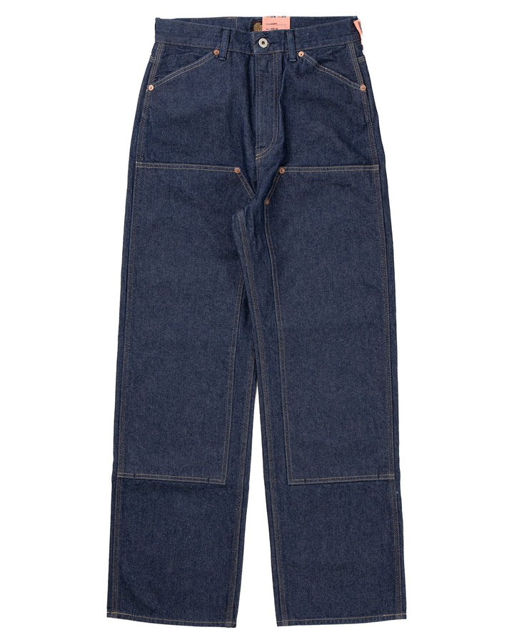 Front of workwear-inspired straight leg dark blue jeans