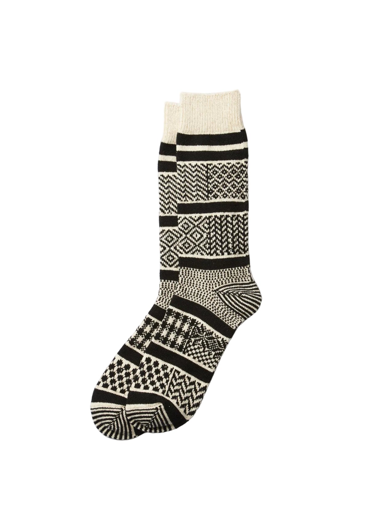Rototo - Mixed Jacquard Crew Socks Ivory/Black [R1337]