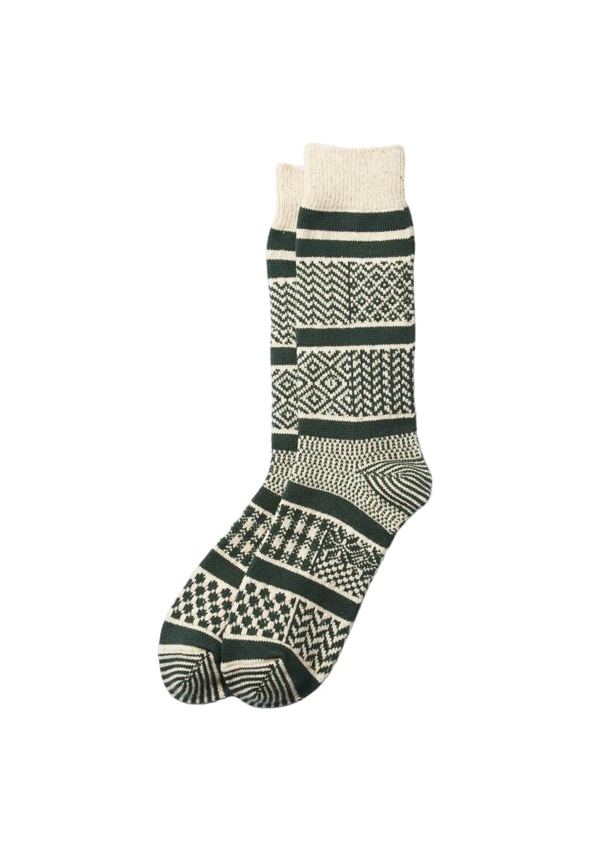 Rototo - Mixed Jacquard Crew Socks Ivory/Dark Green [R1337] COMING SOON*