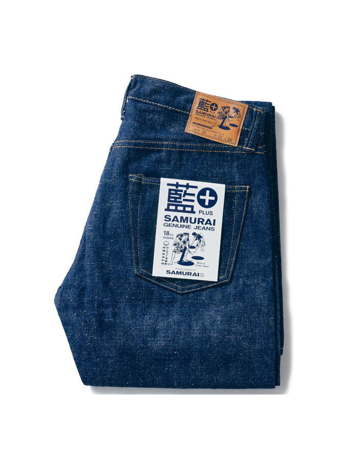 Samurai Jeans S500AX Ai-Plus 18oz selvedge raw denim jeans, indigo, front view