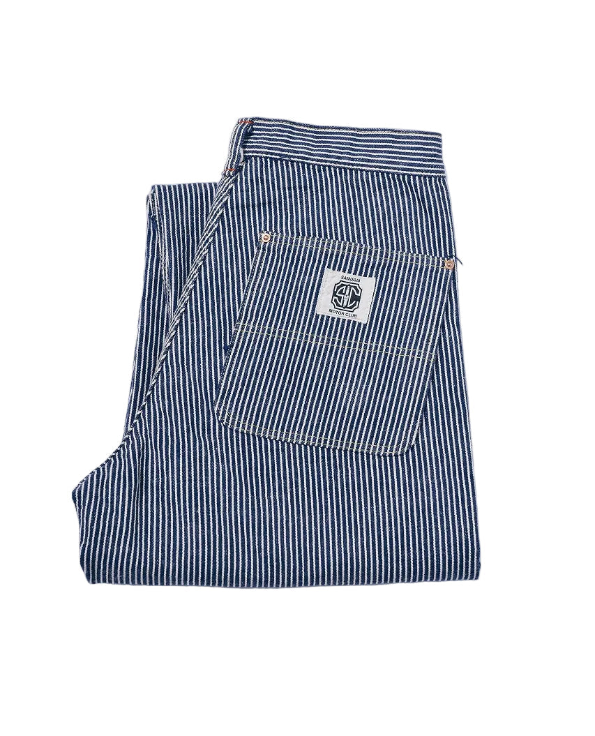 Samurai Jeans SM810DX-HC 17oz hickory stripe denim work pants, front view