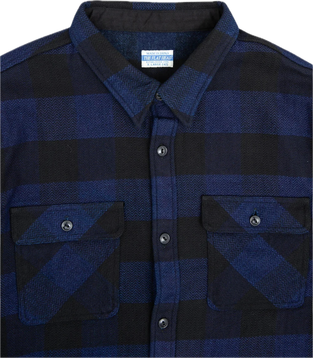 The Flat Head - Indigo Dyed Block Check Flannel Shirt Navy/Black [FN-SNR-101LSP]