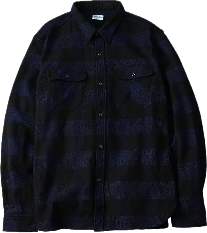 The Flat Head - Indigo Dyed Block Check Flannel Work Shirt Navy/Black [FN-SNR-101LSP]