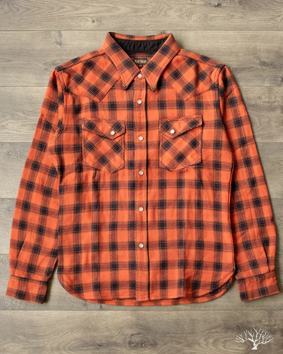 Flat Head Ombre Check Flannel Western Shirt - Orange/Black