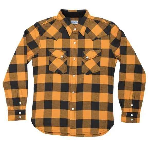 Flat Head Block Check Western Flannel Shirt - Orange/Black