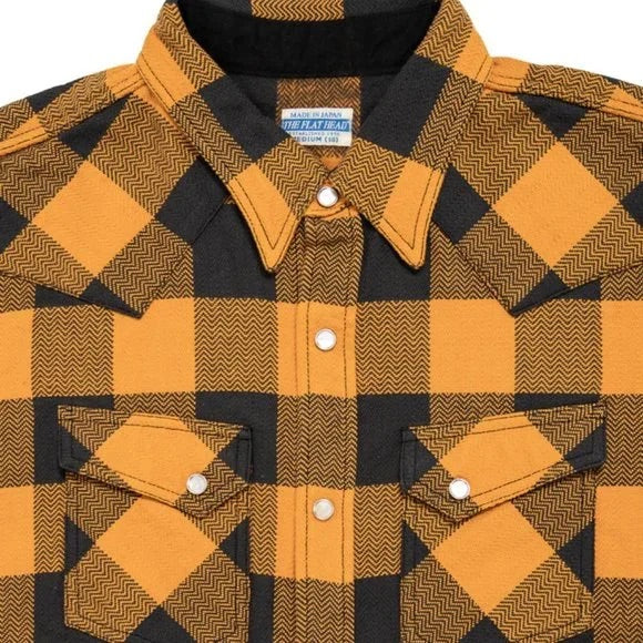Flat Head Block Check Western Flannel Shirt - Orange/Black