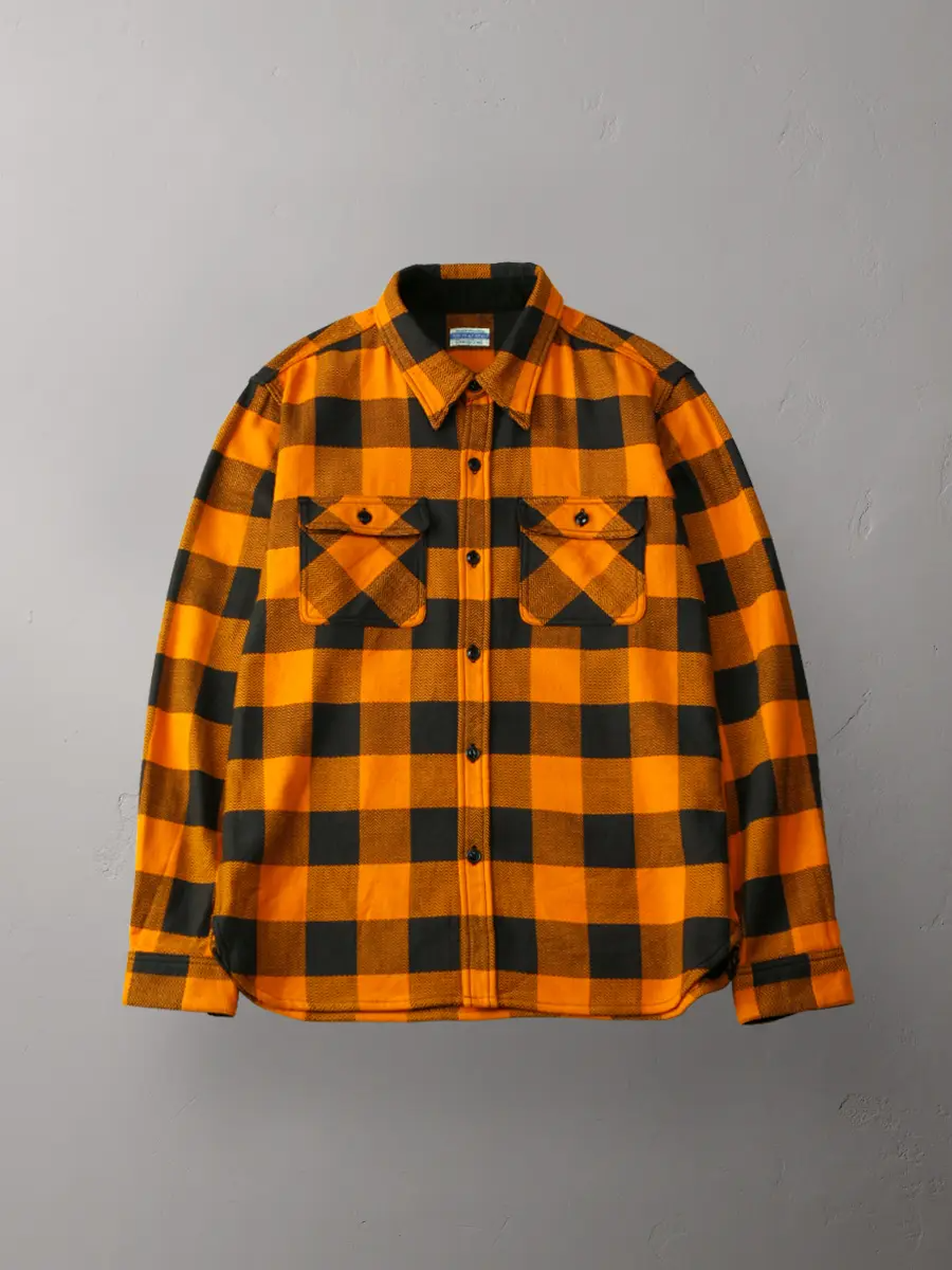 The Flat Head - Block Check Flannel Shirt - Orange/ Black
